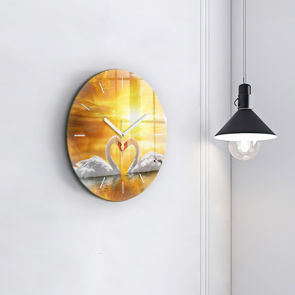 Round glass clock Swans in Love