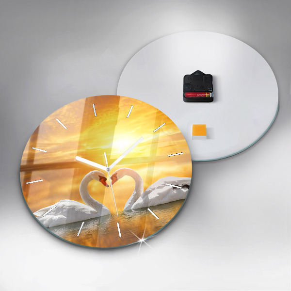Round glass clock Swans in Love