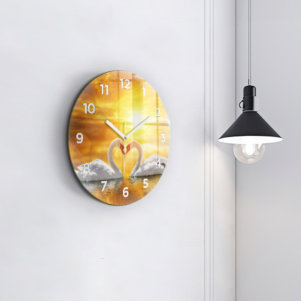Round glass clock Swans in Love