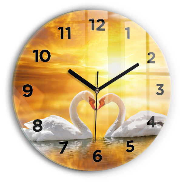 Round glass clock Swans in Love