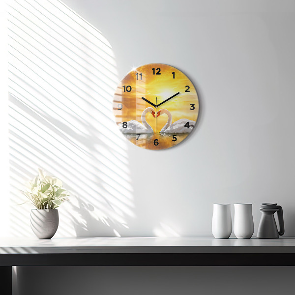 Round glass clock Swans in Love