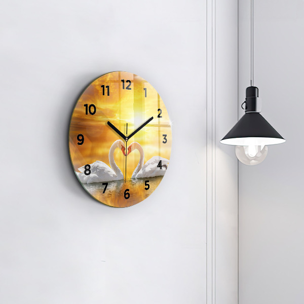 Round glass clock Swans in Love