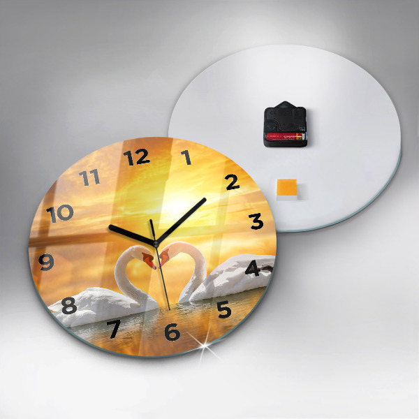 Round glass clock Swans in Love