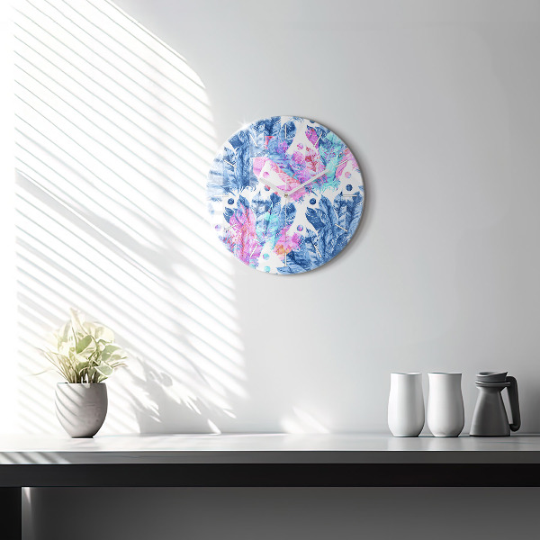 Round glass clock Colorful feathers