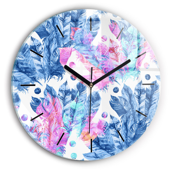 Round glass clock Colorful feathers