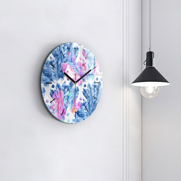 Round glass clock Colorful feathers