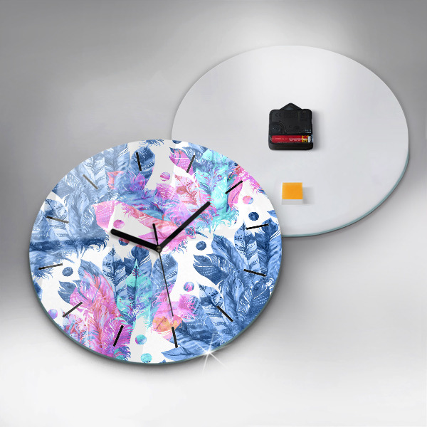 Round glass clock Colorful feathers