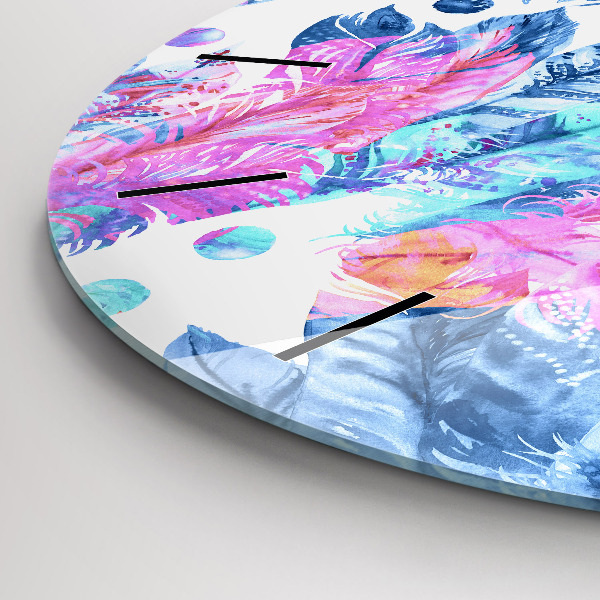 Round glass clock Colorful feathers