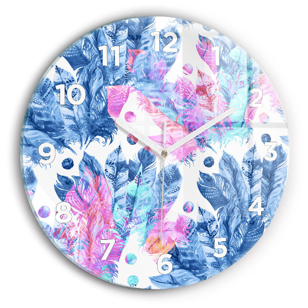 Round glass clock Colorful feathers