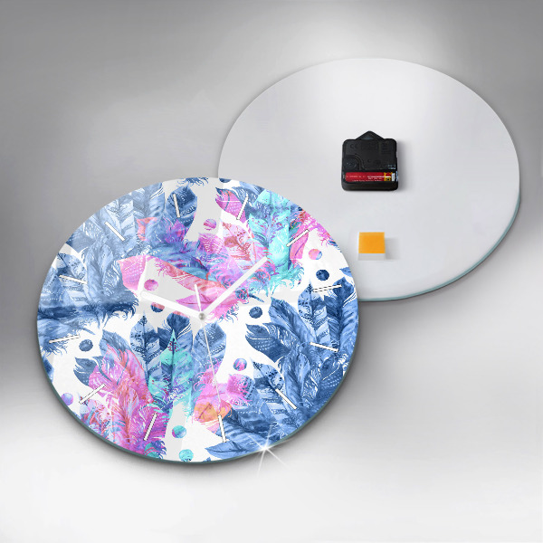 Round glass clock Colorful feathers