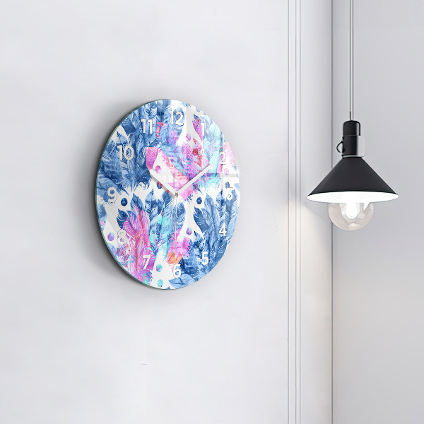 Round glass clock Colorful feathers
