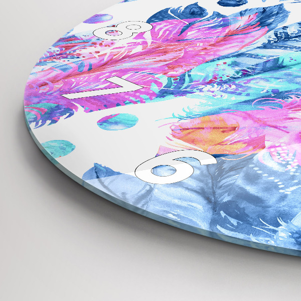 Round glass clock Colorful feathers