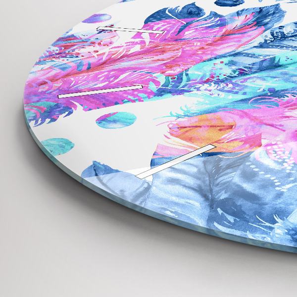 Round glass clock Colorful feathers