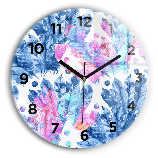 Round glass clock Colorful feathers