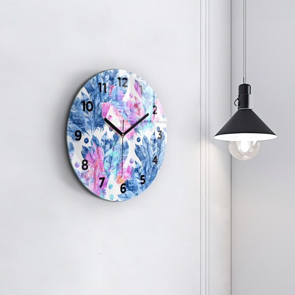 Round glass clock Colorful feathers