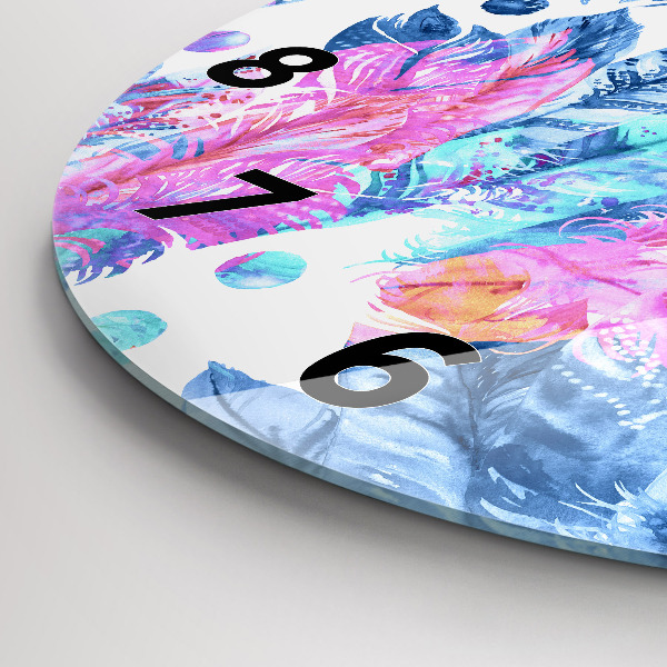Round glass clock Colorful feathers