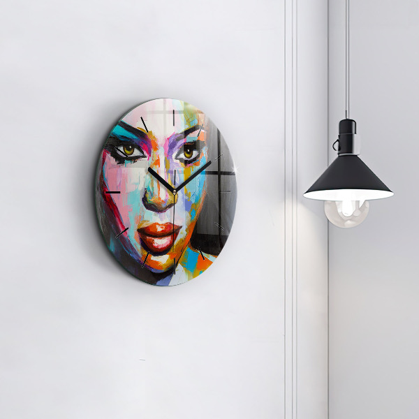 Round glass clock 'Colorful woman''s face'
