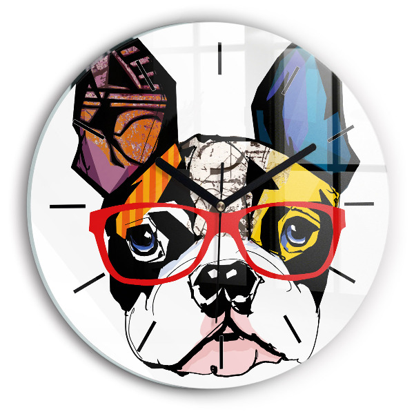 Round glass clock French bulldog with glasses