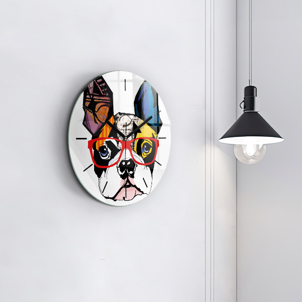 Round glass clock French bulldog with glasses