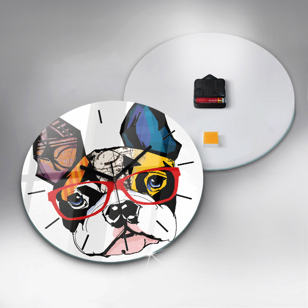 Round glass clock French bulldog with glasses