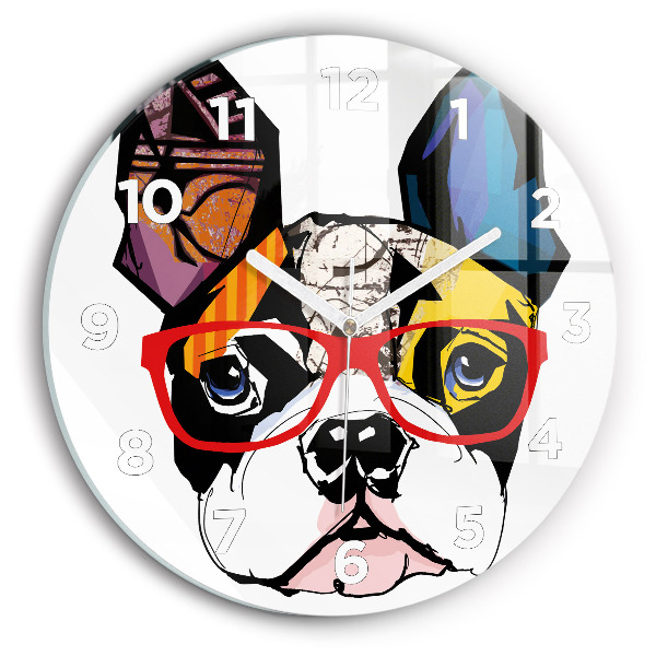 Round glass clock French bulldog with glasses