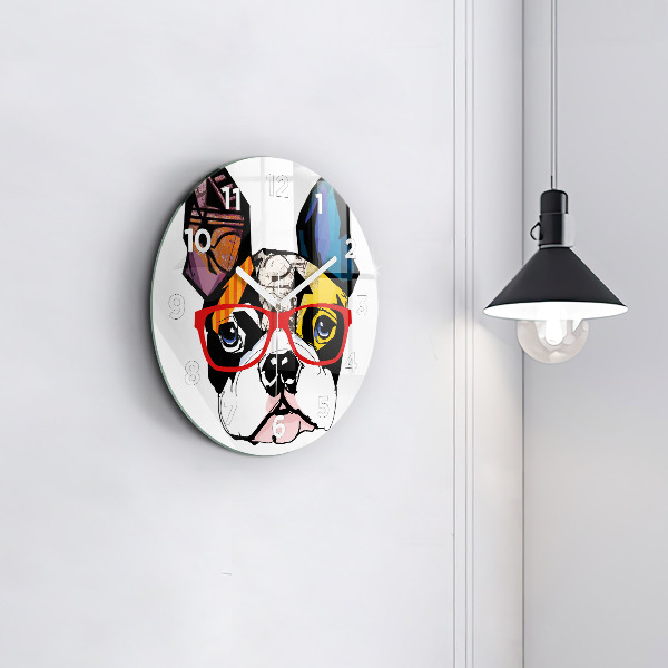 Round glass clock French bulldog with glasses
