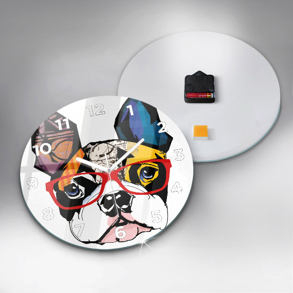 Round glass clock French bulldog with glasses