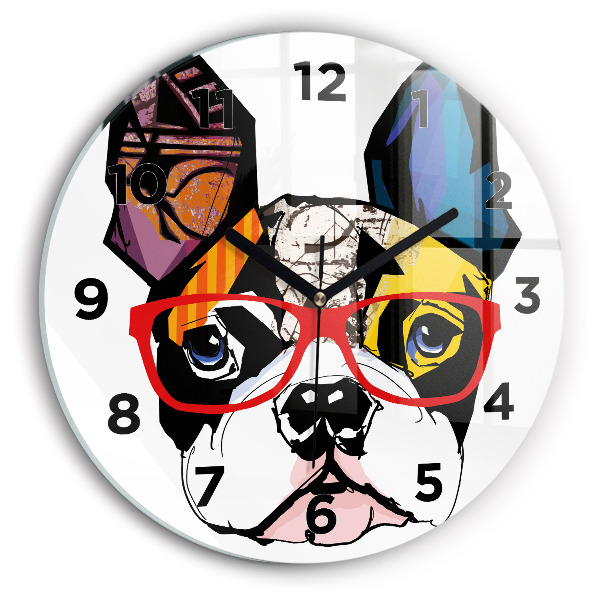 Round glass clock French bulldog with glasses