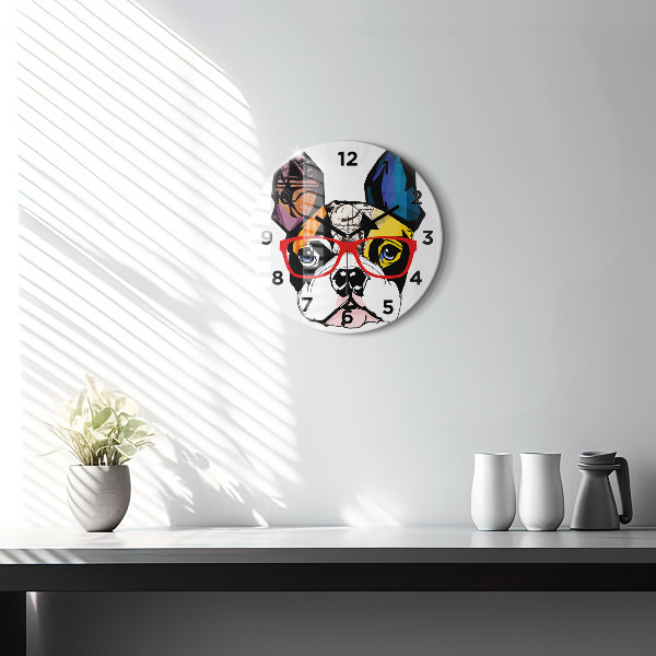 Round glass clock French bulldog with glasses