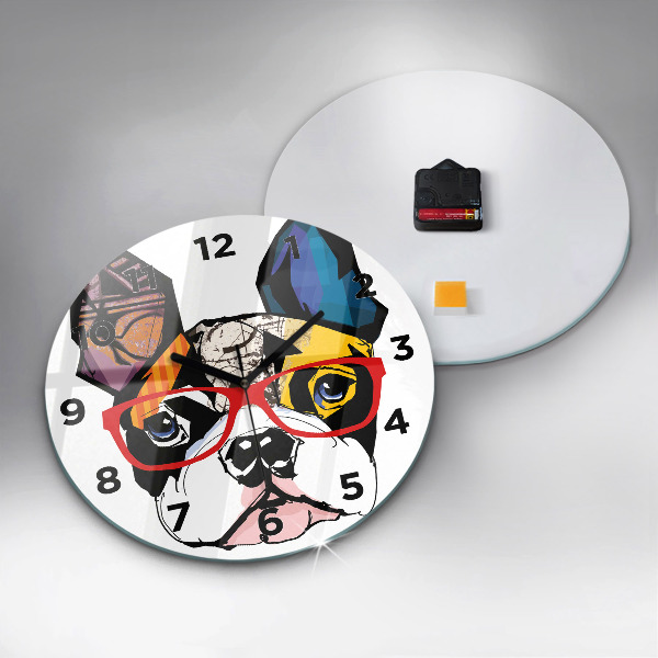 Round glass clock French bulldog with glasses