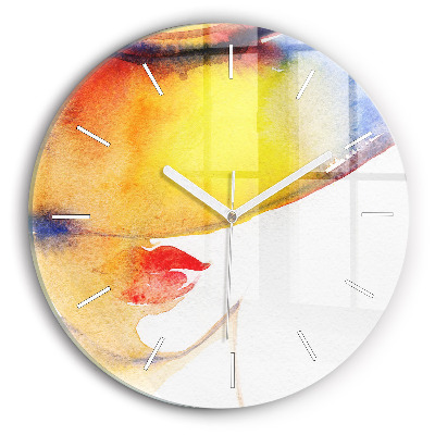 Round glass clock Woman in a hat