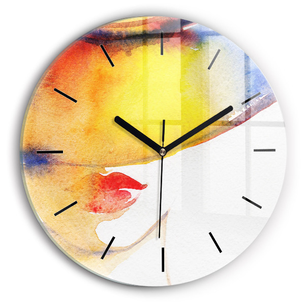 Round glass clock Woman in a hat