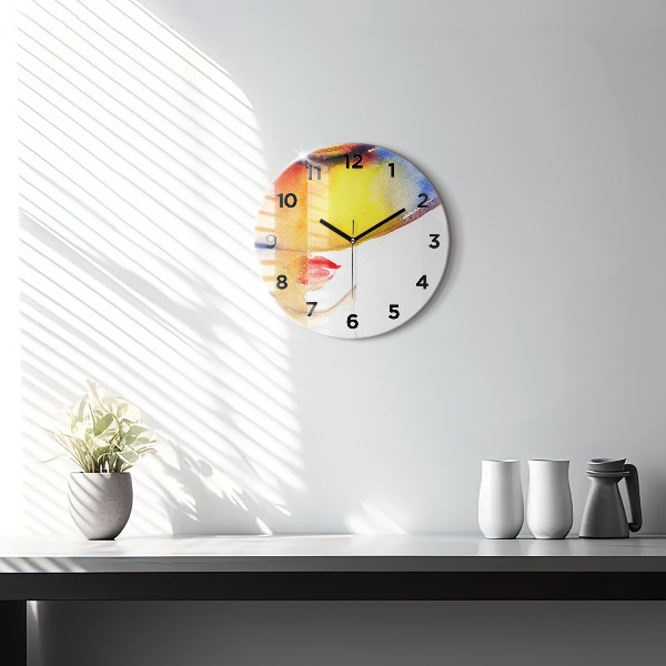 Round glass clock Woman in a hat