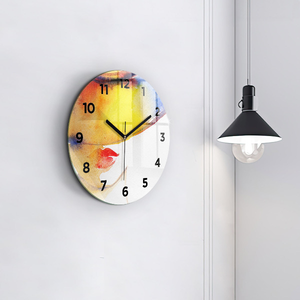 Round glass clock Woman in a hat