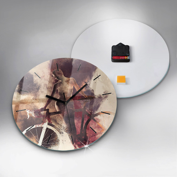 Round glass clock Woman and bike
