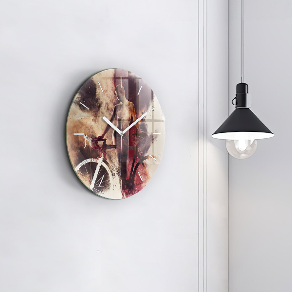 Round glass clock Woman and bike