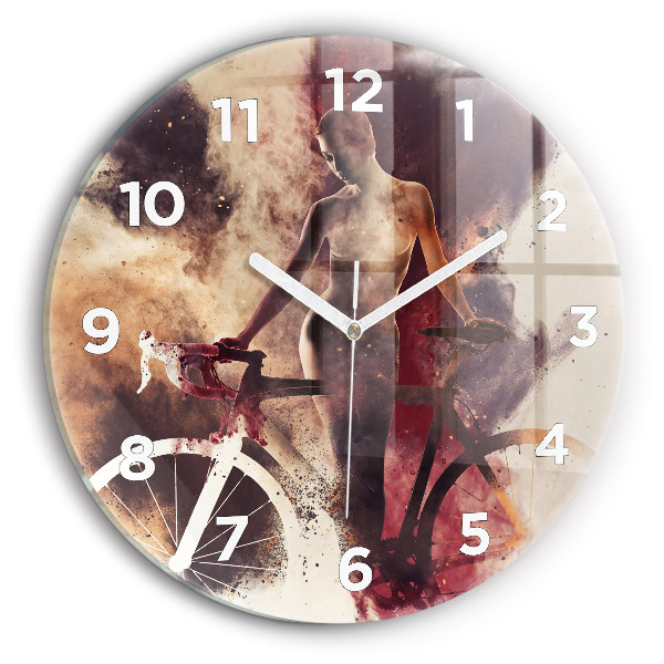 Round glass clock Woman and bike