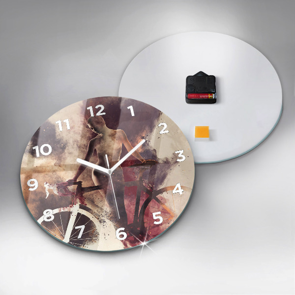 Round glass clock Woman and bike