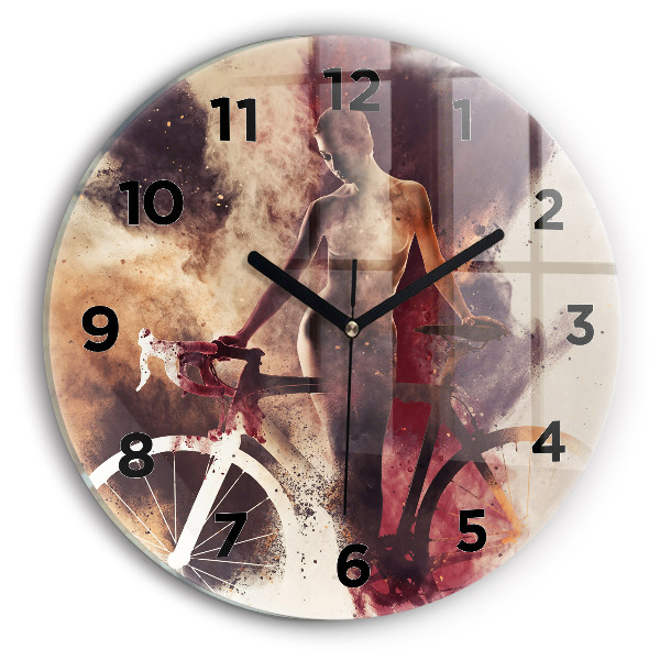 Round glass clock Woman and bike