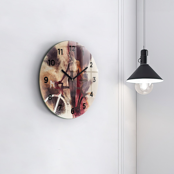 Round glass clock Woman and bike