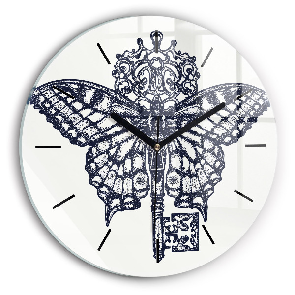 Round glass clock Butterfly and key - boho style