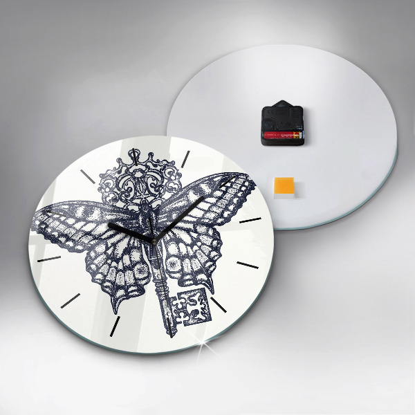 Round glass clock Butterfly and key - boho style