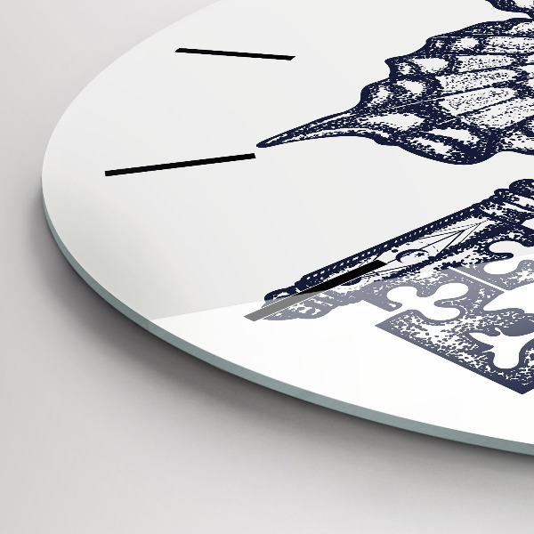 Round glass clock Butterfly and key - boho style