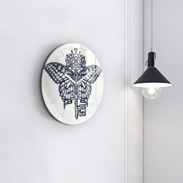 Round glass clock Butterfly and key - boho style