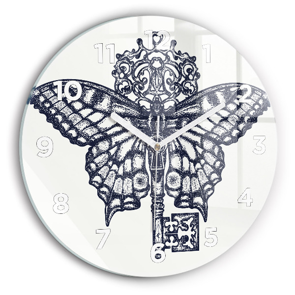 Round glass clock Butterfly and key - boho style