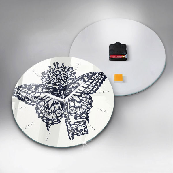 Round glass clock Butterfly and key - boho style