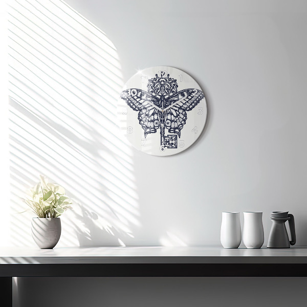 Round glass clock Butterfly and key - boho style