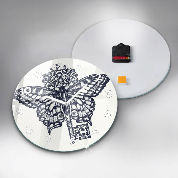 Round glass clock Butterfly and key - boho style