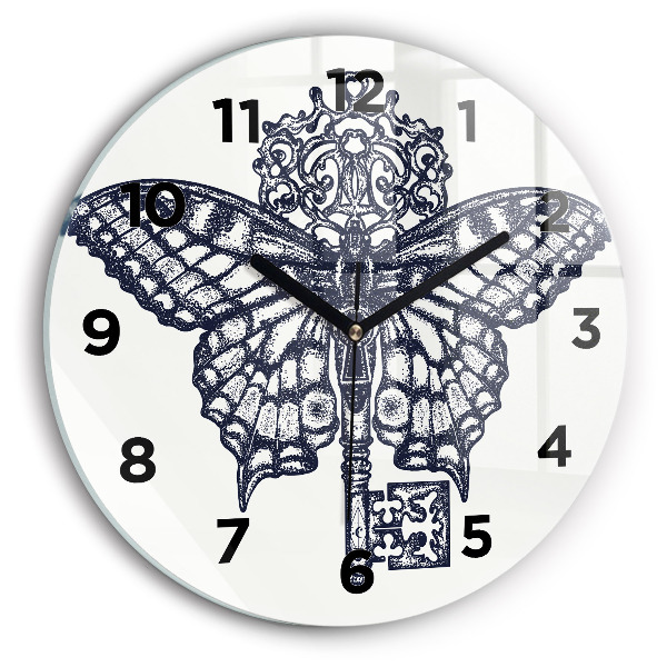 Round glass clock Butterfly and key - boho style
