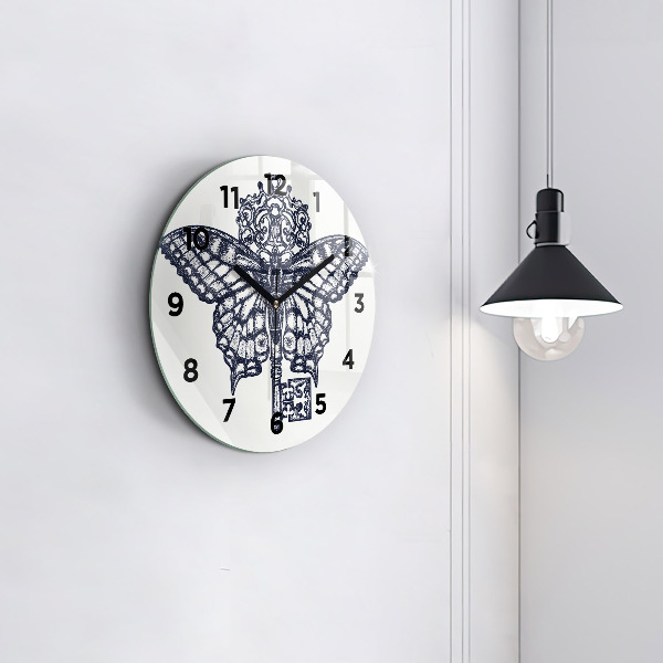 Round glass clock Butterfly and key - boho style